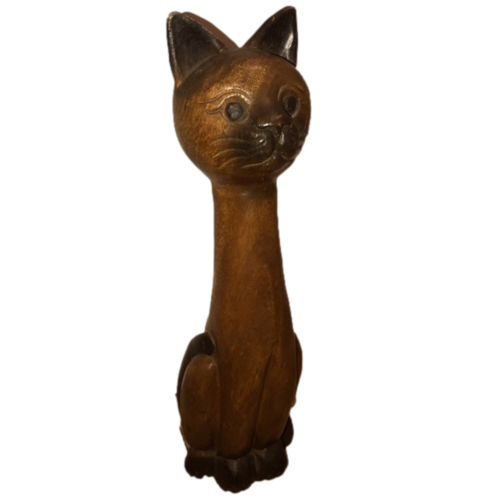 𝅺vtg Carved Wooden Siamese Cat Kitten Kitty Statue Solid Wood Approx 12” x 3”
